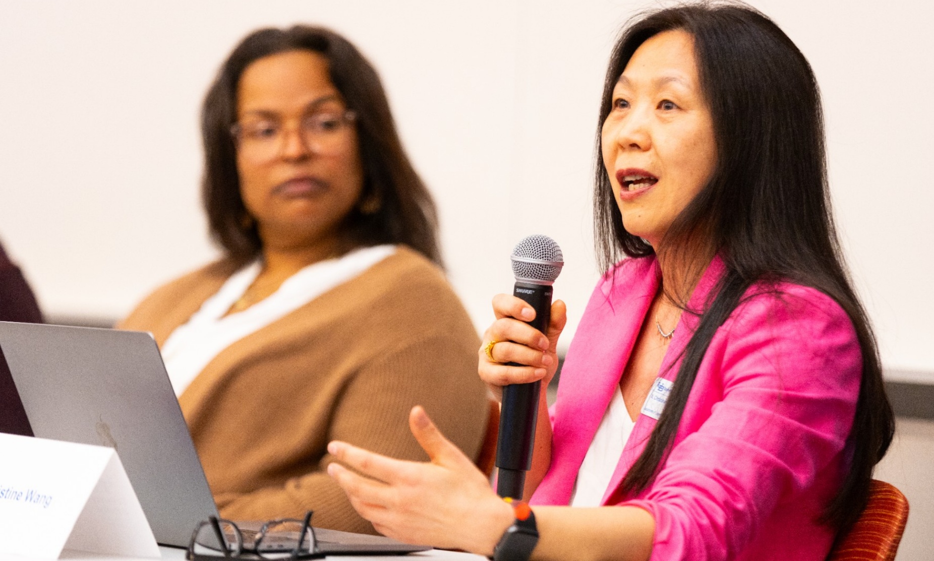 Members of the UB community gathered for a presentation from the Task Force on Generative AI in Teaching and Learning at UB in Davis Hall in May 2024. A panel discussion was part of the meeting. Photographer: Douglas Levere. 