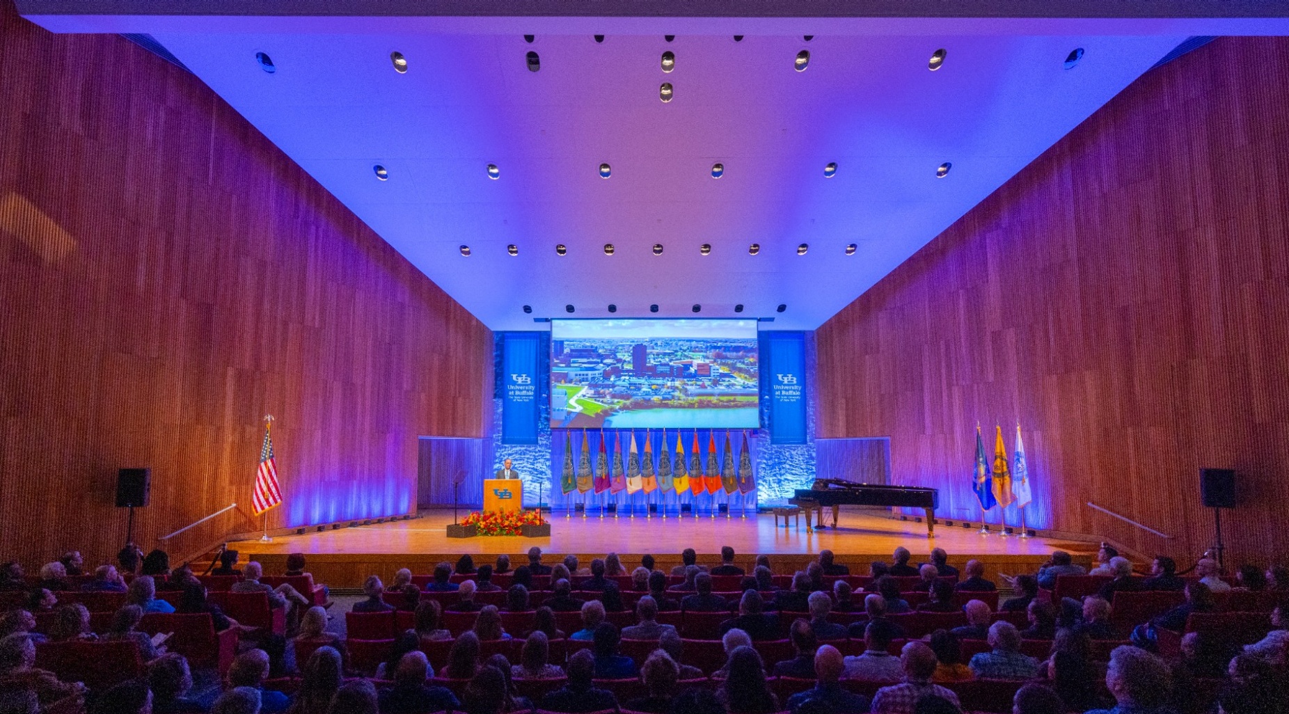 President Satish Tripathi delivers his State of the University address on the stage in Lippes Concert Hall in Slee Hall in September 2025. Photographer: Douglas Levere. 