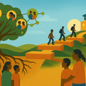 Cartoon image of families sending students to school. 