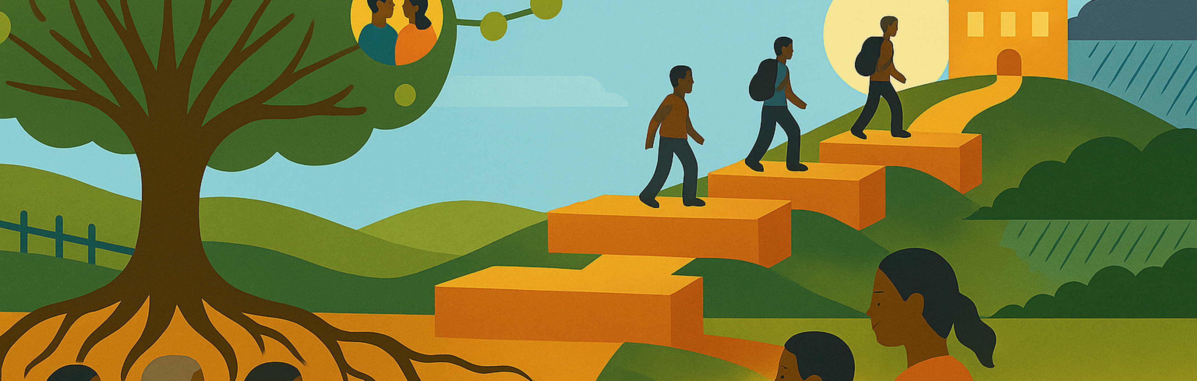 Cartoon image of families sending students to school. 