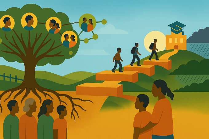 Cartoon image of families sending students to school. 