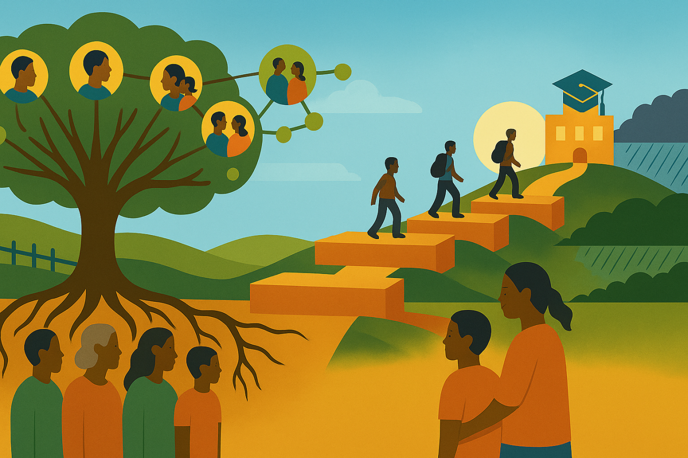 Cartoon image of families sending students to school. 