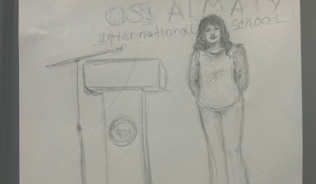A drawing of Anna Stukes at a podium. 