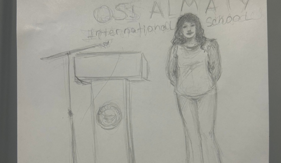 A drawing of Anna Stukes at a podium. 