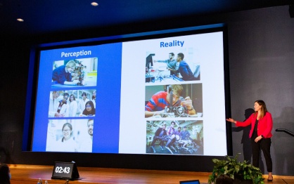 Danielle Lewis preseting a slide labeled Perception Reality with various images. 