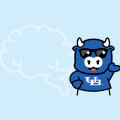 Baby Victor with sun glasses and an outline of a brain on a light blue background. 