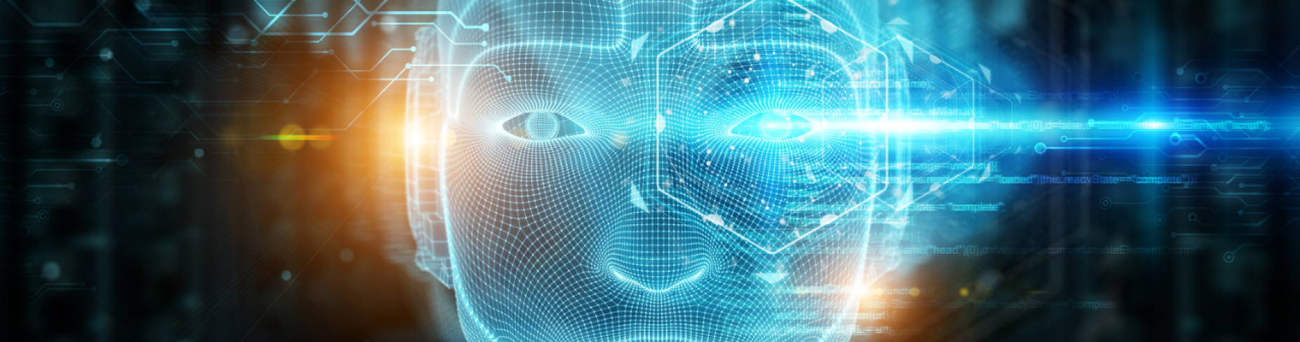 Image showing an abstract blue face being scanned by light. 