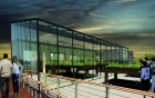 A rendering showing a glass greenhouse that is part of a larger home. 