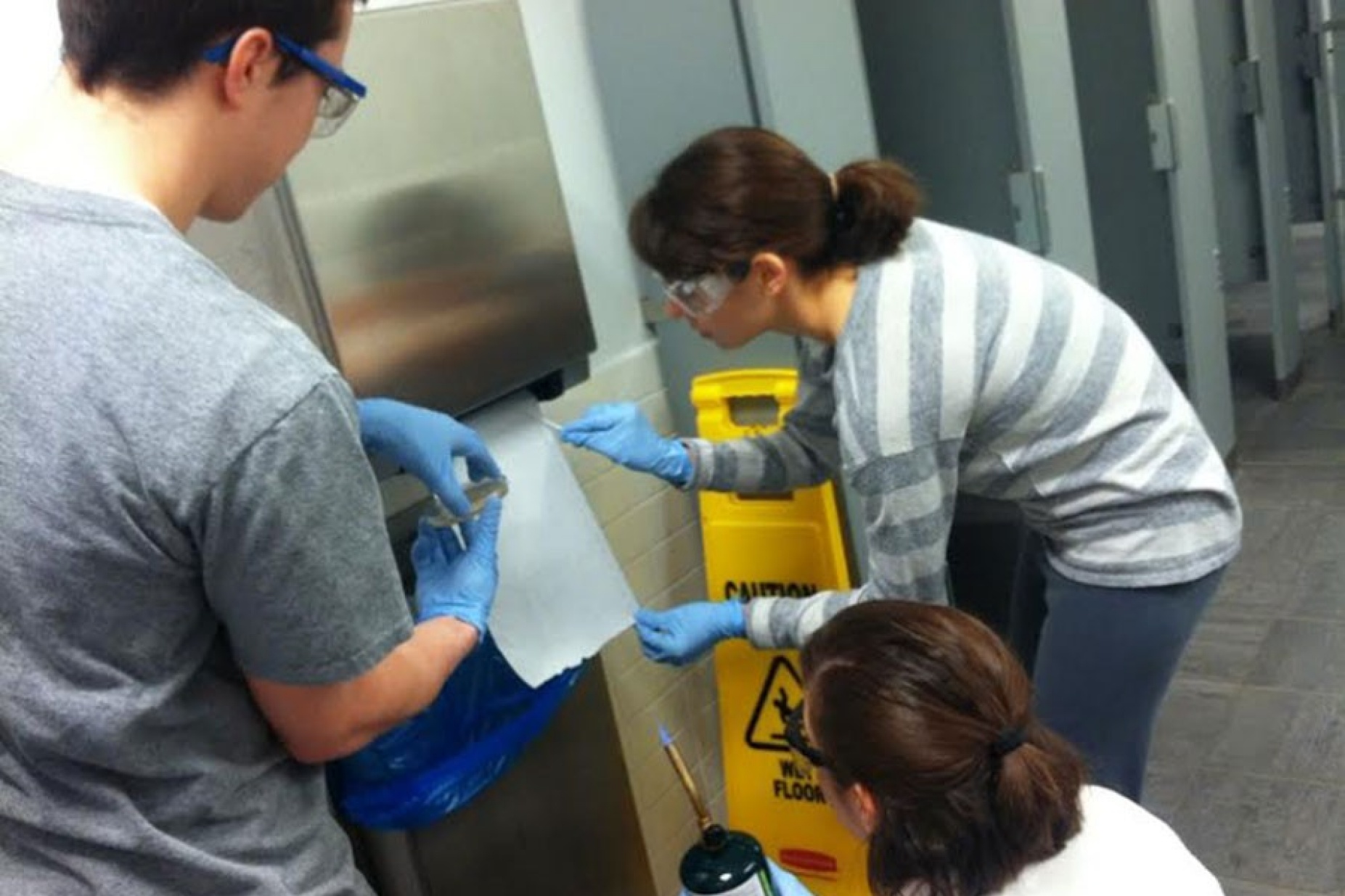 Students using a blow torch and cotton swabs to collect bacteria samples from a paper-towel dispenser. 