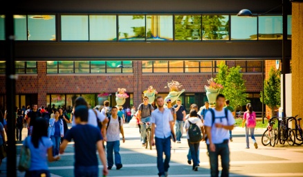 Students walking on campus. 