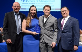 David A. Cervi, keynote speaker and a Core program facilitator; Taylor Kew Award winners Jamie and Daniel Bell; and Arjang Assad, dean of the UB School of Management. 