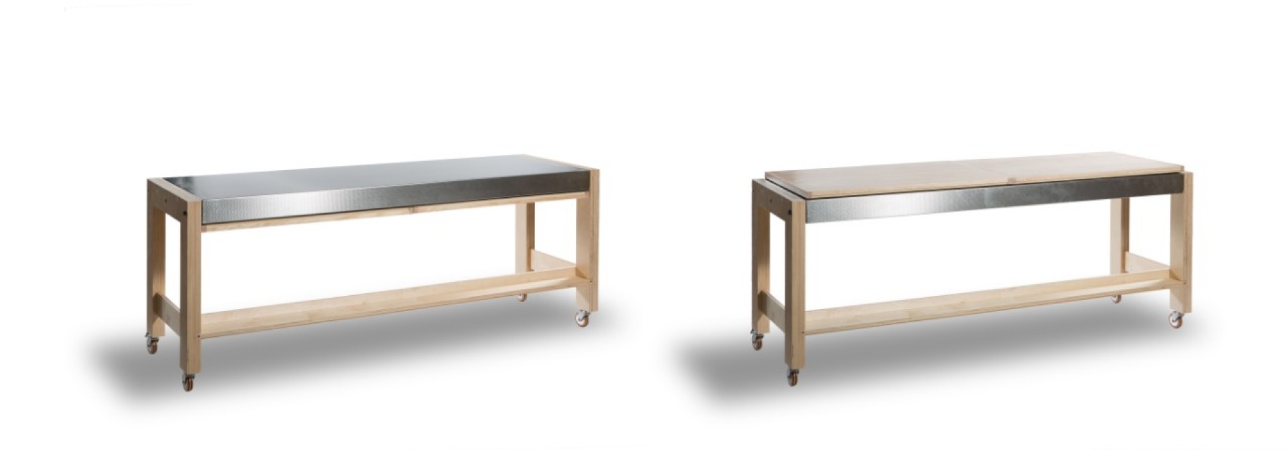 Two minimalist tables made from metal and wood. 