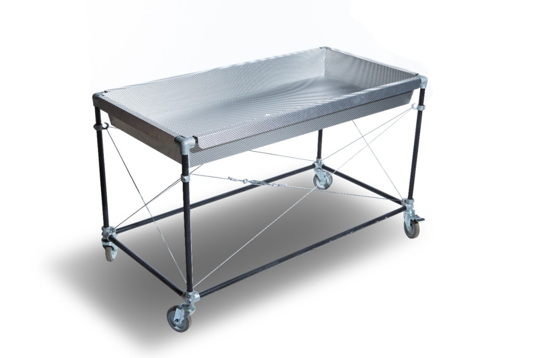 A table that resembles a huge tray on wheels. 