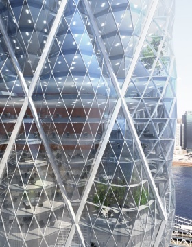 Zoom image: Rendering showing the diagrid structure of the exterior of Jin Young Song's Emboss Tower. To make the building laterally stiffer, the curved form integrates with the diagonally intersecting steel system (diagrid) and the embossed surface around the diagrid. 