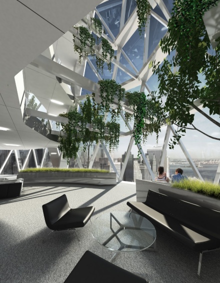 Zoom image: Rendering of the interior of Jin Young Song's Emboss Tower design, showing the diagrid structure from the inside. 