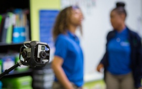 Zoom image: This camera is used to create virtual reality scenarios for the student teacher training program. Photo: Meredith Forrest Kulwicki 