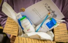 A box holding bottles of a crystal-growing chemical and other supplies. 