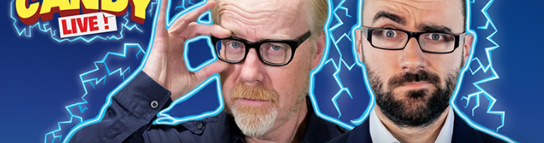 Promotional graphic featuring the words, "Brain Candy Live" and the images of Adam Savage and Michael Stevens. 