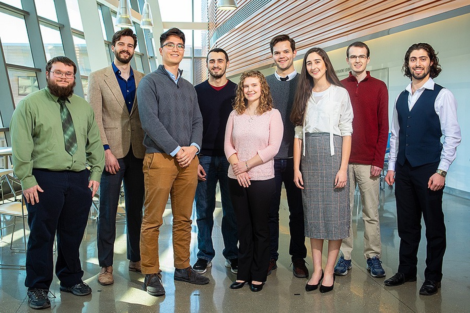 NSF fellowship recipients (from left) Michael Randle, Walker Gosrich, Javier Yu, Alexander D’Arpino, Anne Fortman, Andrew Stewart, Maria Camila Lopez Ruiz, Tyler Barrett and Matthew Falcone.