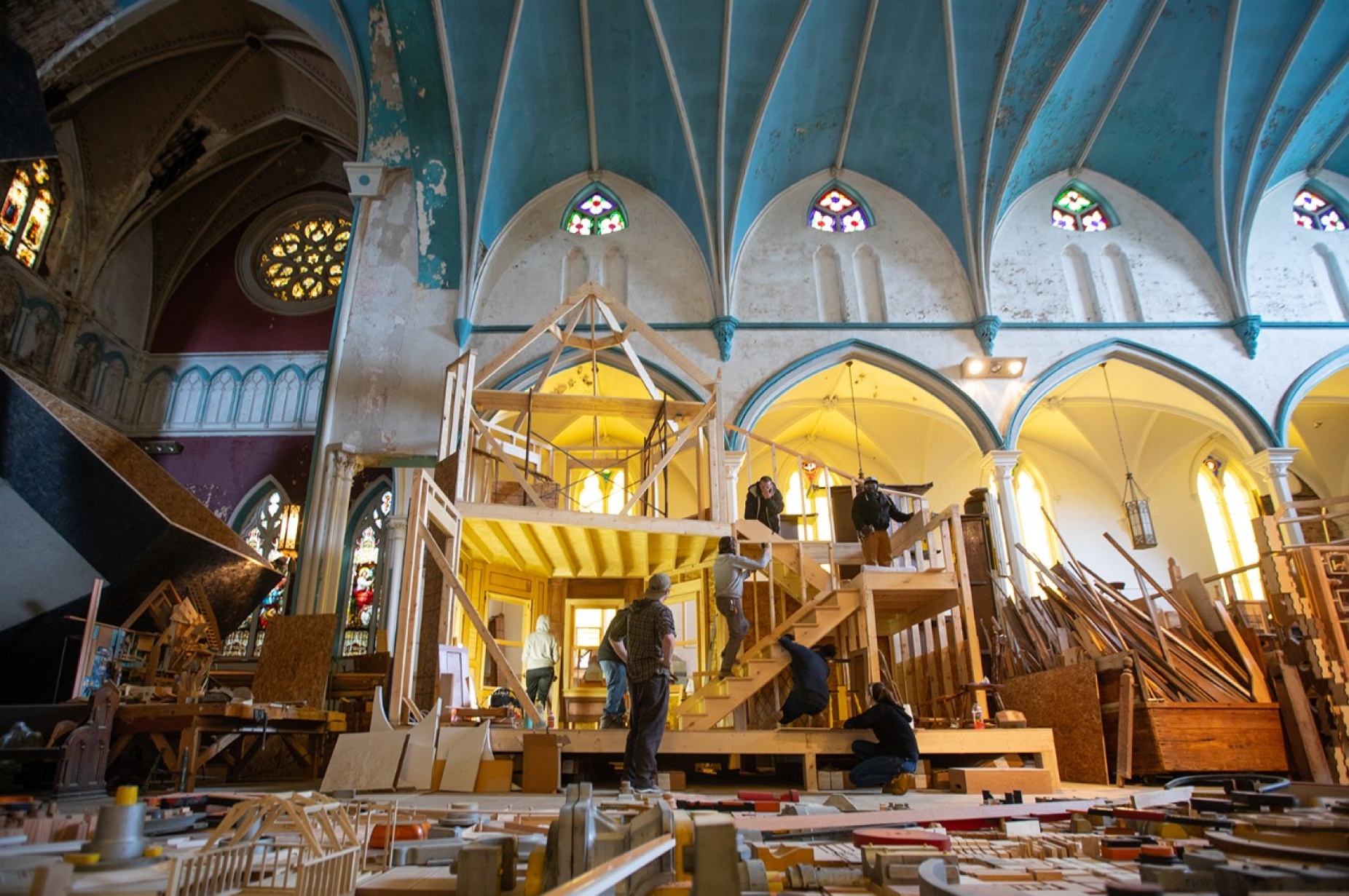 Interior of a former church in Buffalo that is now home to a construction arts program. 