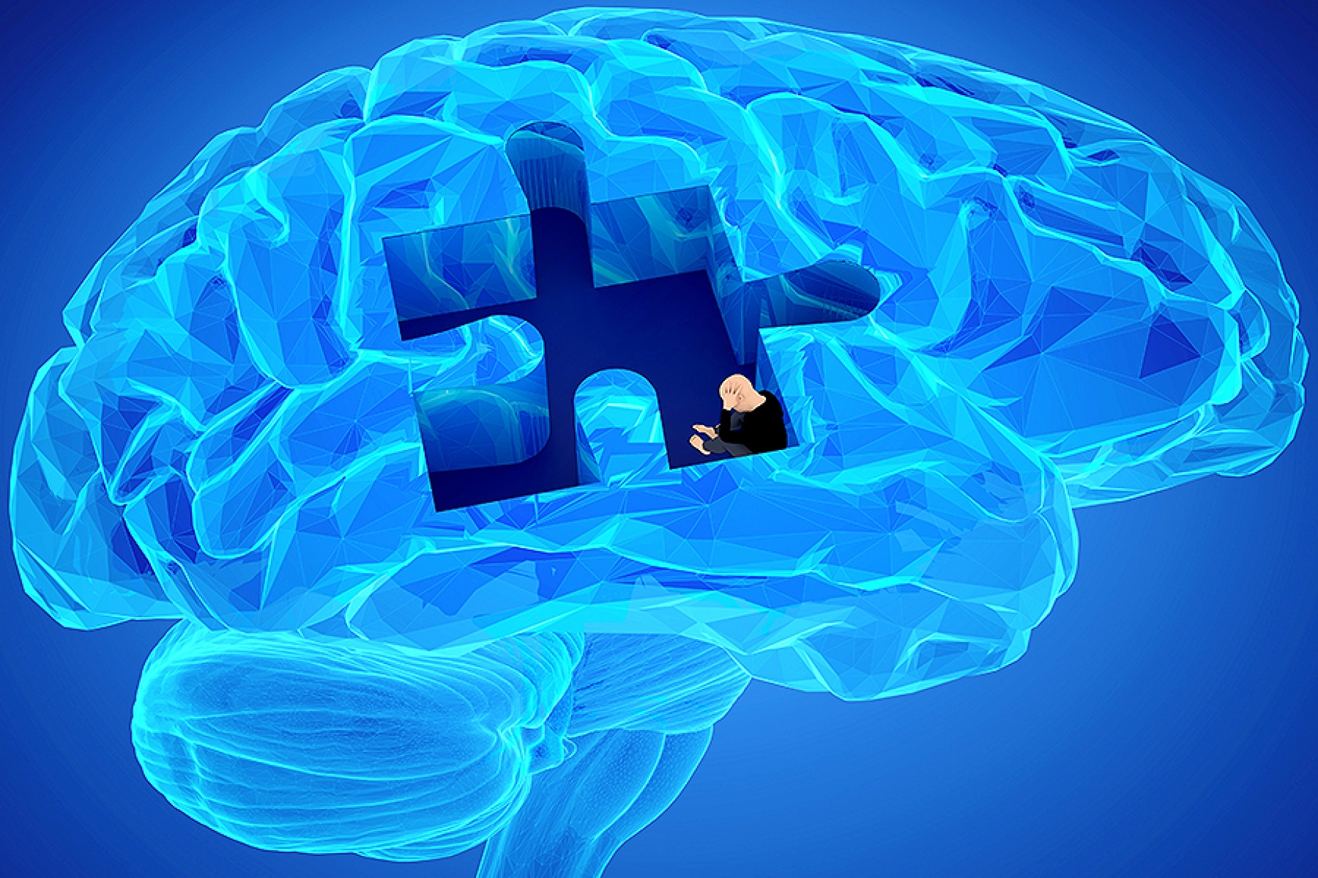 Illustration concept of the human brain and addiction featuring a distressed person crouched inside a puzzle-piece-shaped section within a human brain. 