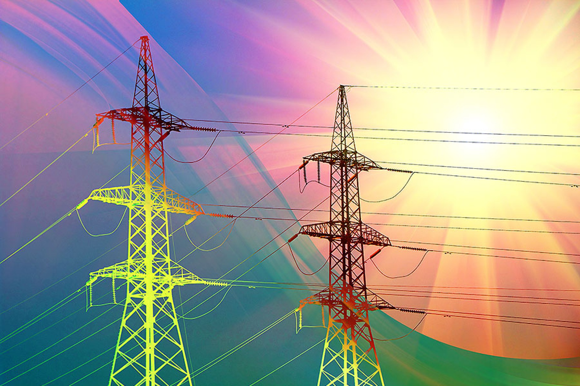 Concept of electric transmission towers and the effect of global warming. 