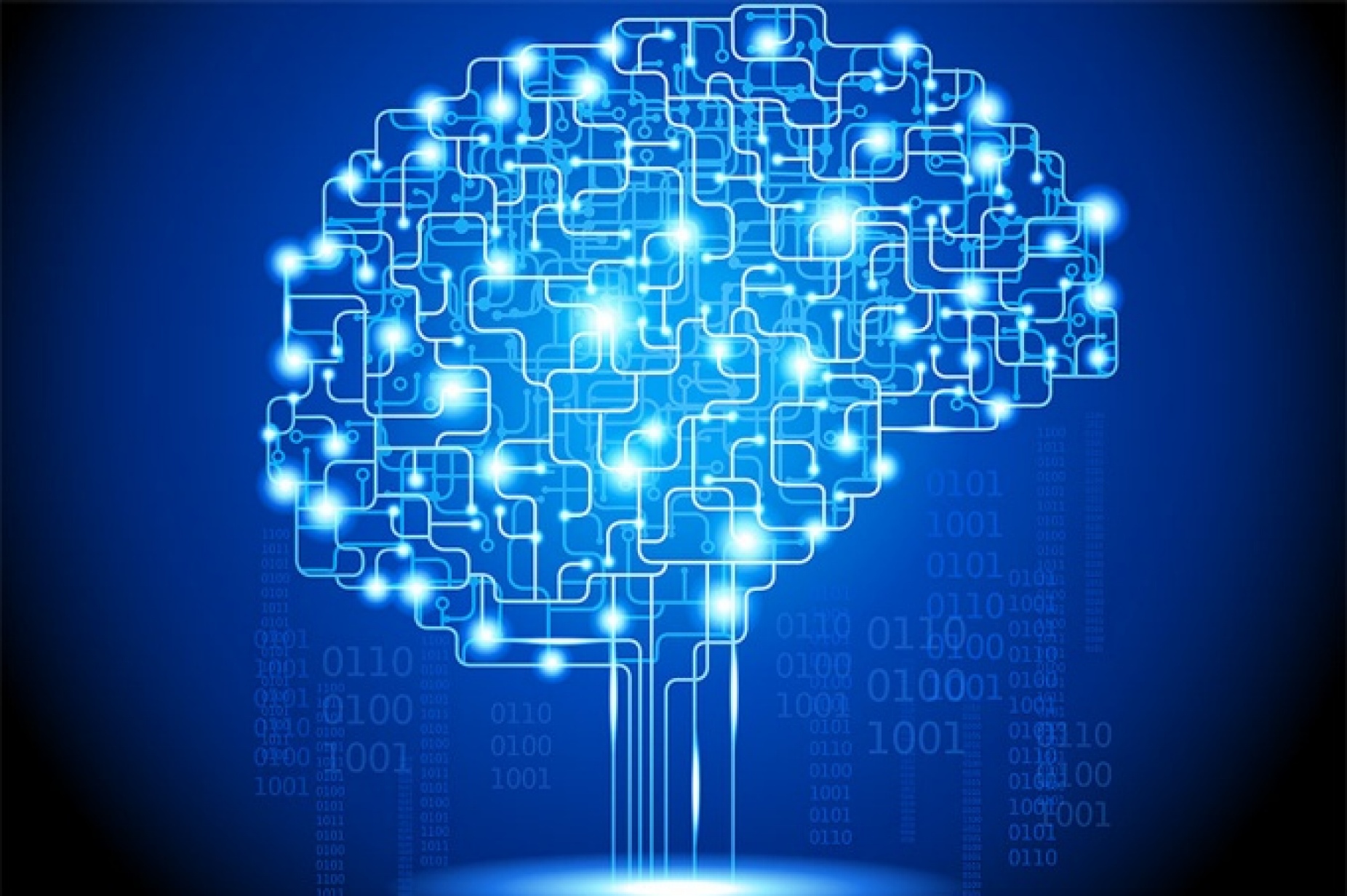 Concept of AI featuring a brain composed of circuitry. 