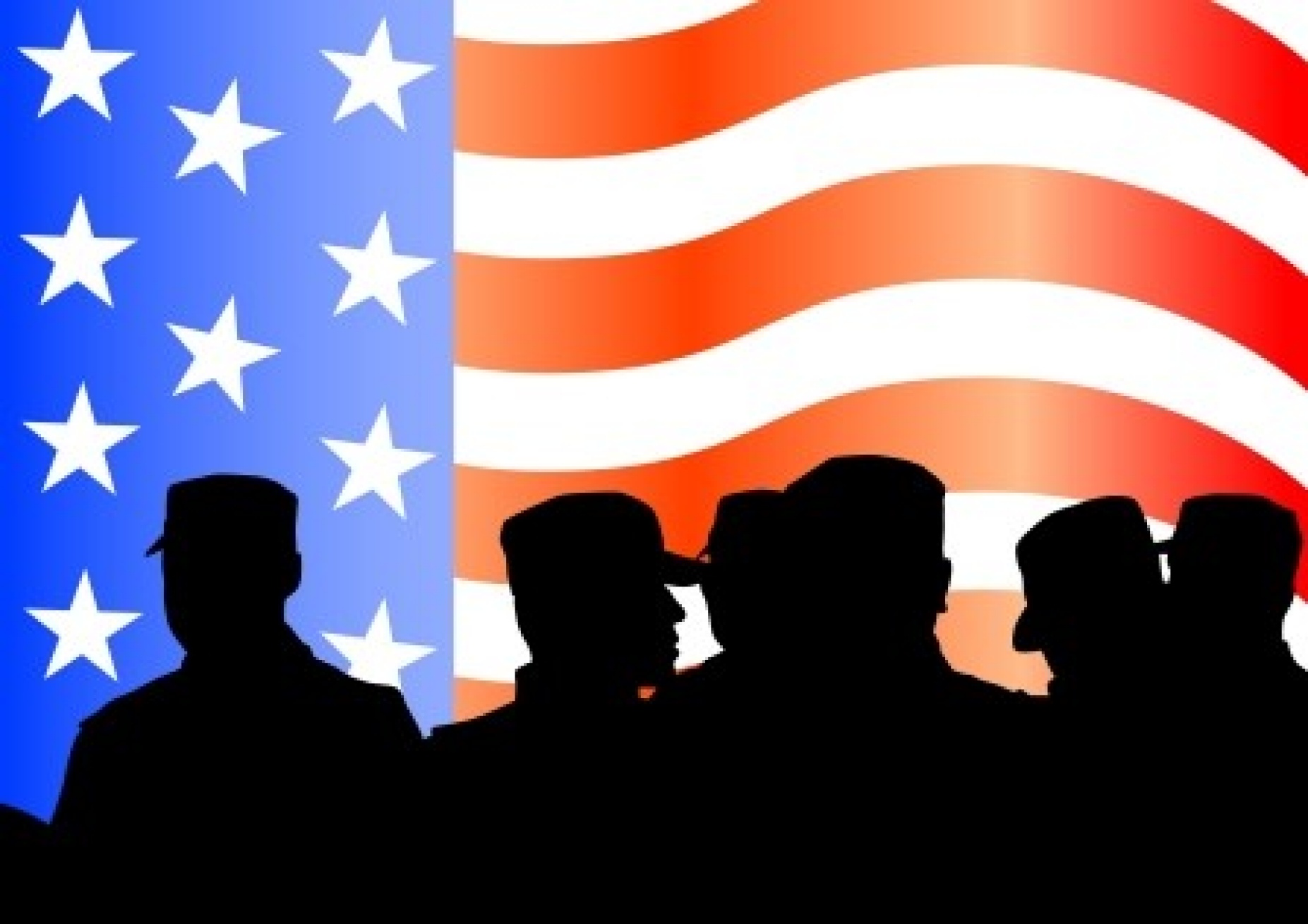 Silhouette of soldiers in front of United States flag. 