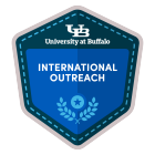 Zoom image: Hexigonal badge with the interlocking UB logo and the words "University at Buffalo" at the top, and the words, "International Outreach" in the center on a blue field. 
