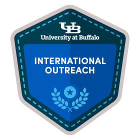 Zoom image: Hexigonal badge with the interlocking UB logo and the words "University at Buffalo" at the top, and the words, "International Outreach" in the center on a blue field. 