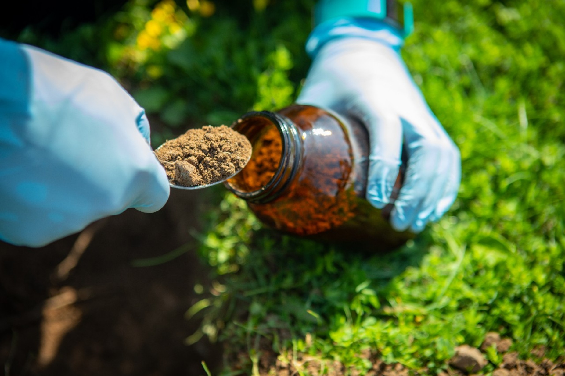 Gloved hands scooping soil into a glass jar. 