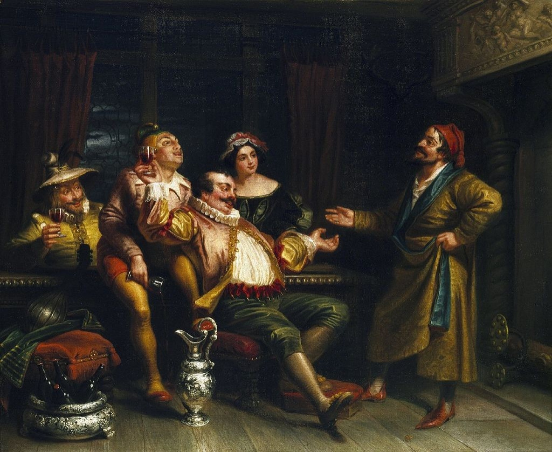 A scene from Twelfth Night in which Malvolio confronts the revelers. 