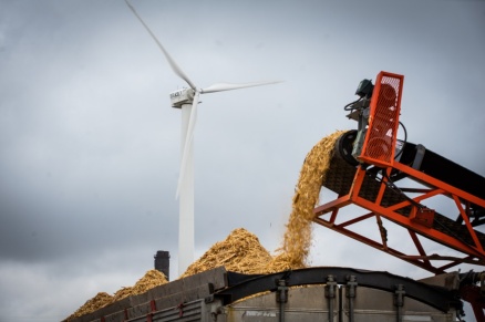 Zoom image: At Triad Recycling and Energy in the Town of Tonawanda, unwanted wood is ground for wood biomass recycling markets as one of the company&rsquo;s two wind turbines turns in the background, producing energy. The business posed a challenge to students because it&rsquo;s already so green. Credit: Douglas Levere / University at Buffalo 