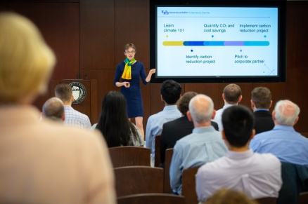 Zoom image: Elizabeth Thomas, UB assistant professor of geology, speaks to students, corporate partners and visitors at a special class event in April. Credit: Douglas Levere / University at Buffalo 