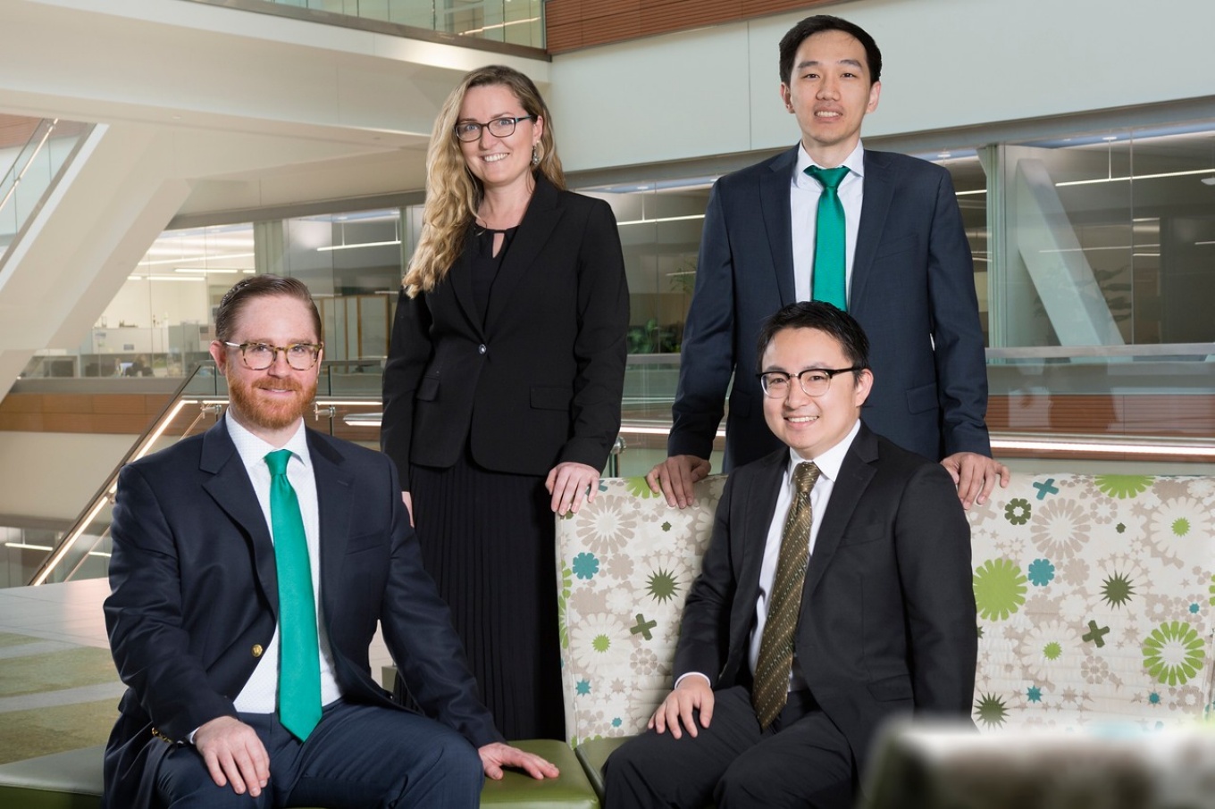Zoom image: Left to right: SurgIno co-founders Thomas Langan, MD, Tatiana Boyko, MD, Stephen Chiang, MD, and Jinwei Hu, MD. All four co-founders are general surgery residents at UB. Credit: Sandra Kicman / University at Buffalo 