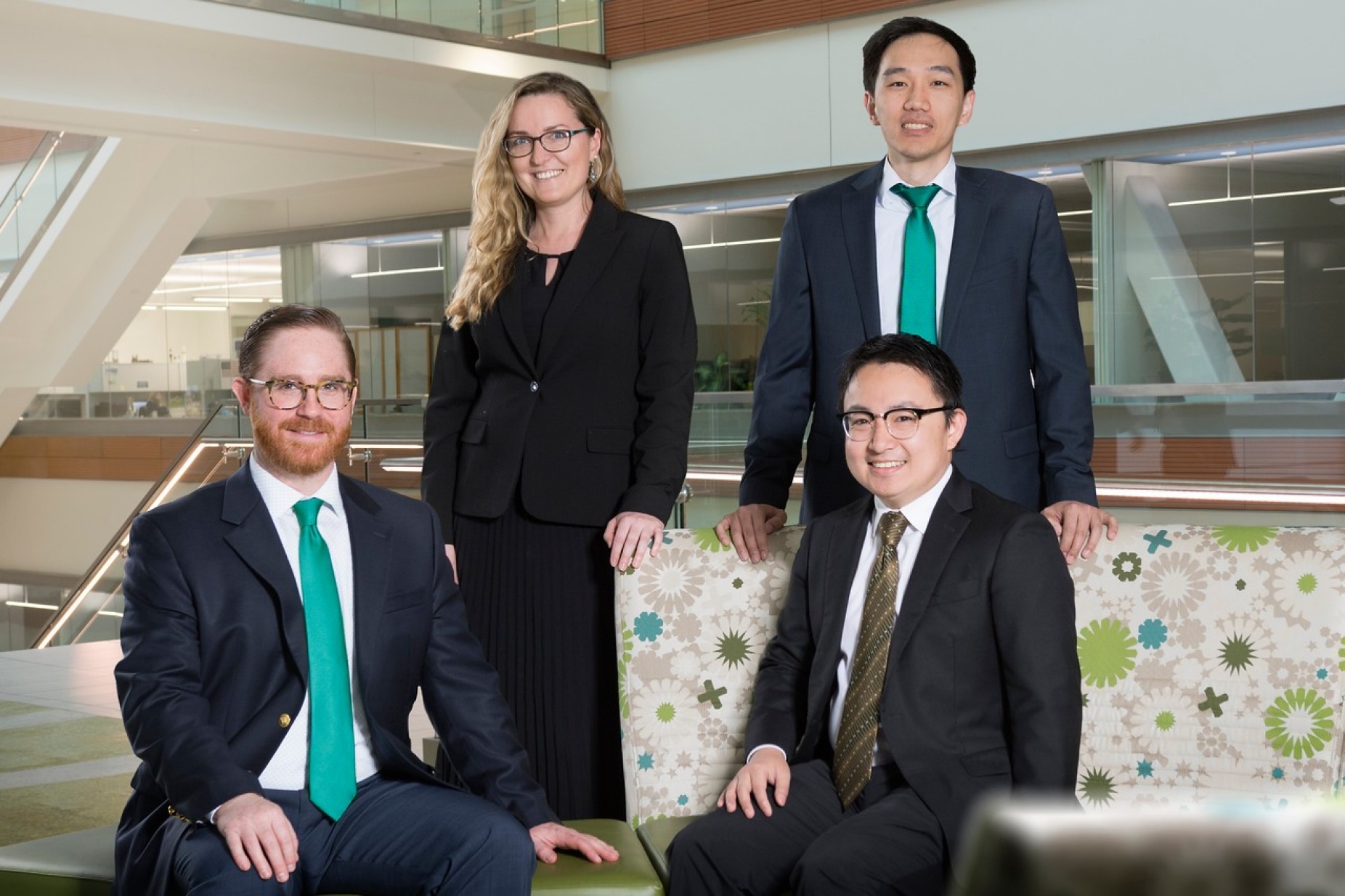 Zoom image: Left to right: SurgIno co-founders Thomas Langan, MD, Tatiana Boyko, MD, Stephen Chiang, MD, and Jinwei Hu, MD. All four co-founders are general surgery residents at UB. Credit: Sandra Kicman / University at Buffalo 