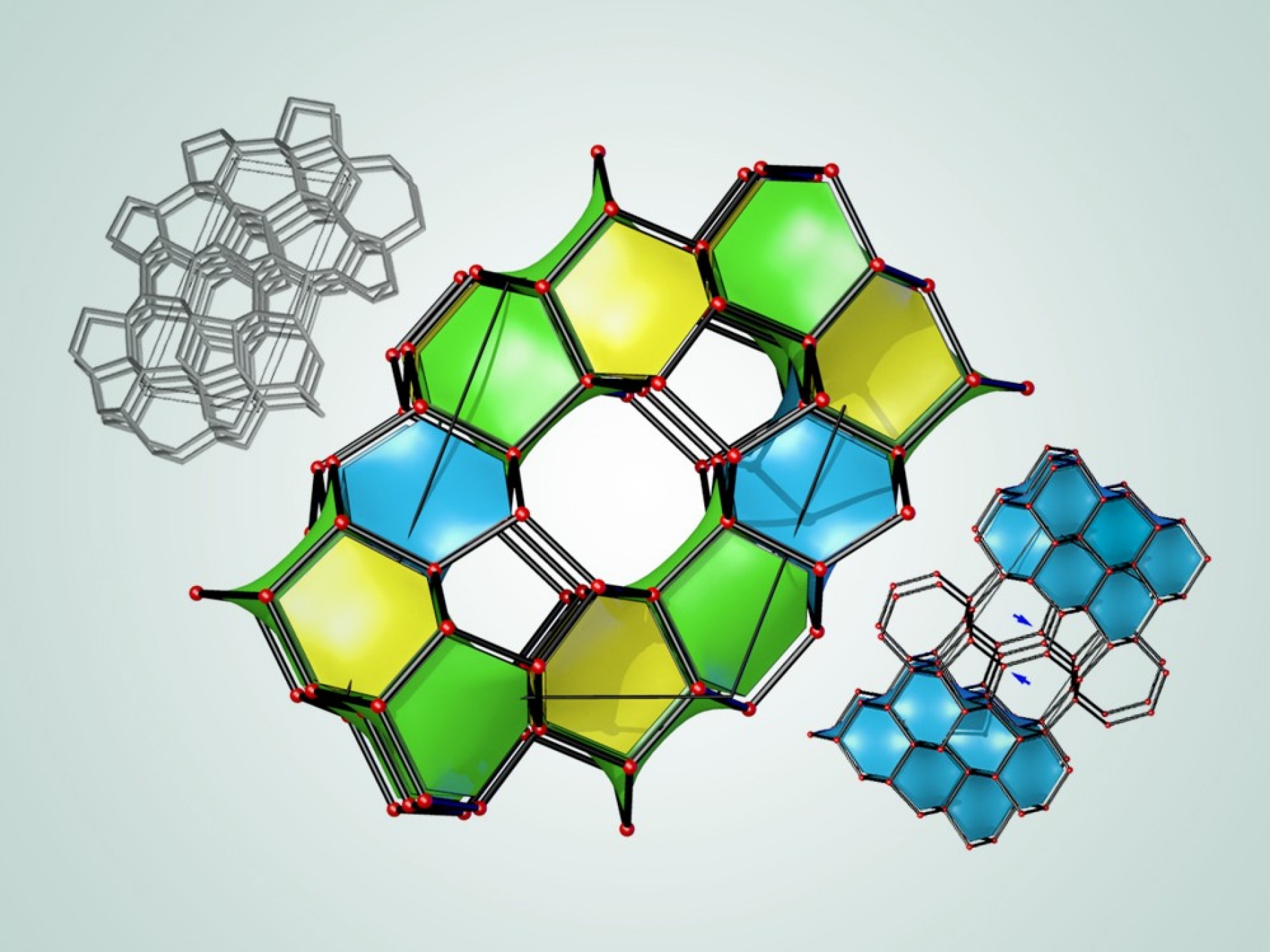 Zoom image: An illustration depicts three of 43 newly predicted superhard carbon structures. The cages colored in blue are structurally related to diamond, and the cages colored in yellow and green are structurally related to lonsdaleite. Credit: Bob Wilder / University at Buffalo, adapted from Figure 3 in P. Avery et al., npj Computational Materials, Sept. 3, 2019. The original diagrams from the paper are licensed under CC BY-4.0 (https://creativecommons.org/licenses/by/4.0/). 