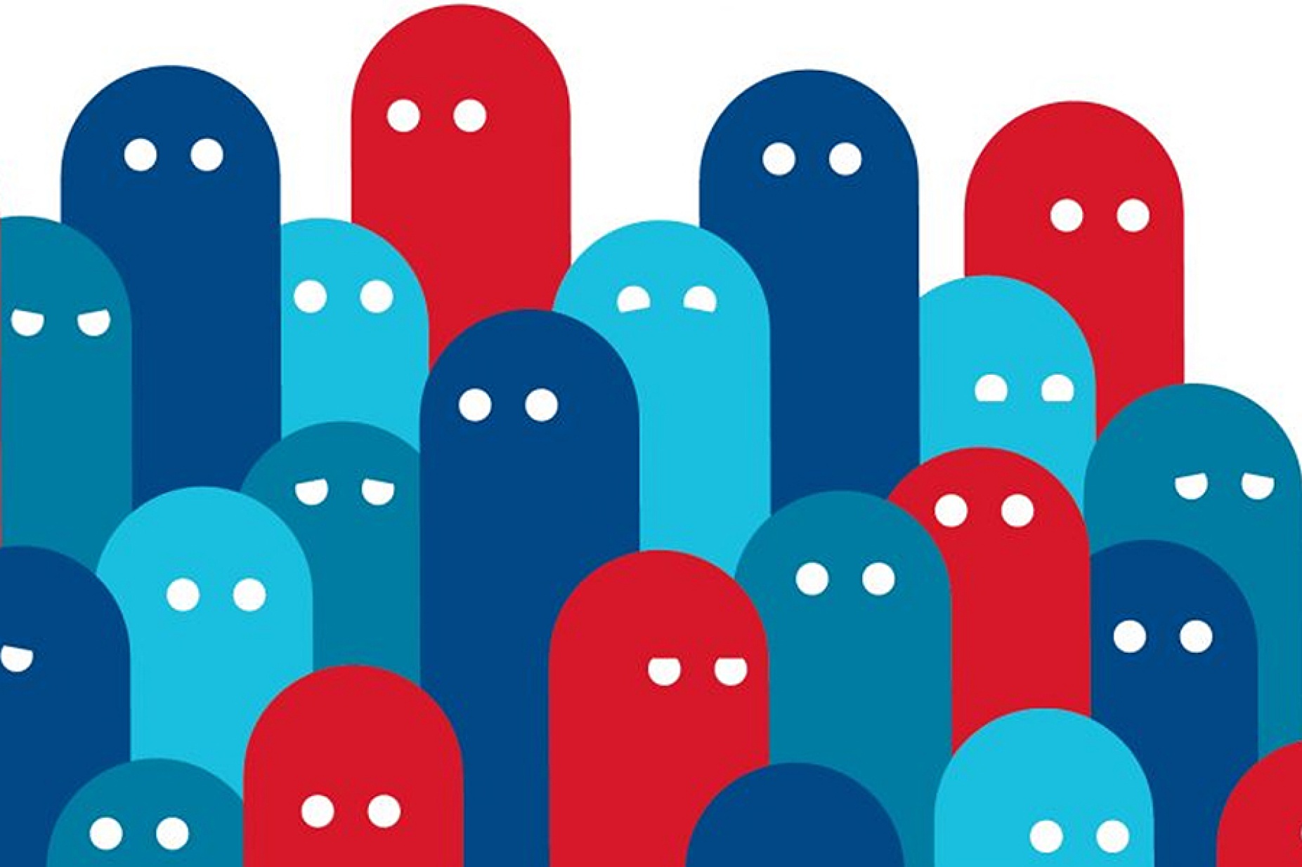 Concept of democracy: multiple simple figures with eyes in shades of red and blue.