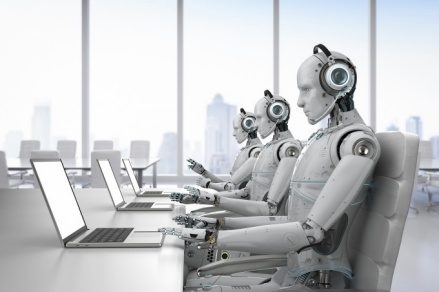 Illustration of robots working at laptops. 