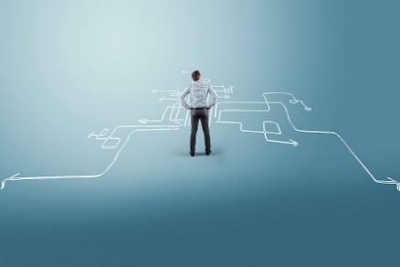 Illustration of a person on a minimalist background, with lines and arrows following many paths. 