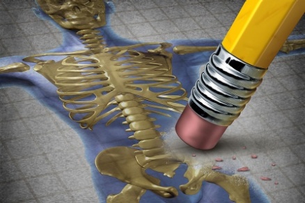 An illustration of a pencil eraser against a skeleton. 