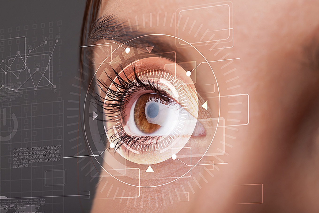 Close up of a woman's eye, concept of a digital eye scan. 