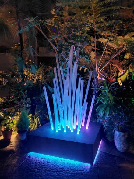Zoom image: Exhibit featuring crystal-like structures from the 2020 Lumagination event at the Botanical Gardens.