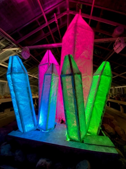 Zoom image: Student exhibit featuring crystal-like structures from the 2020 Lumagination event at the Botanical Gardens.