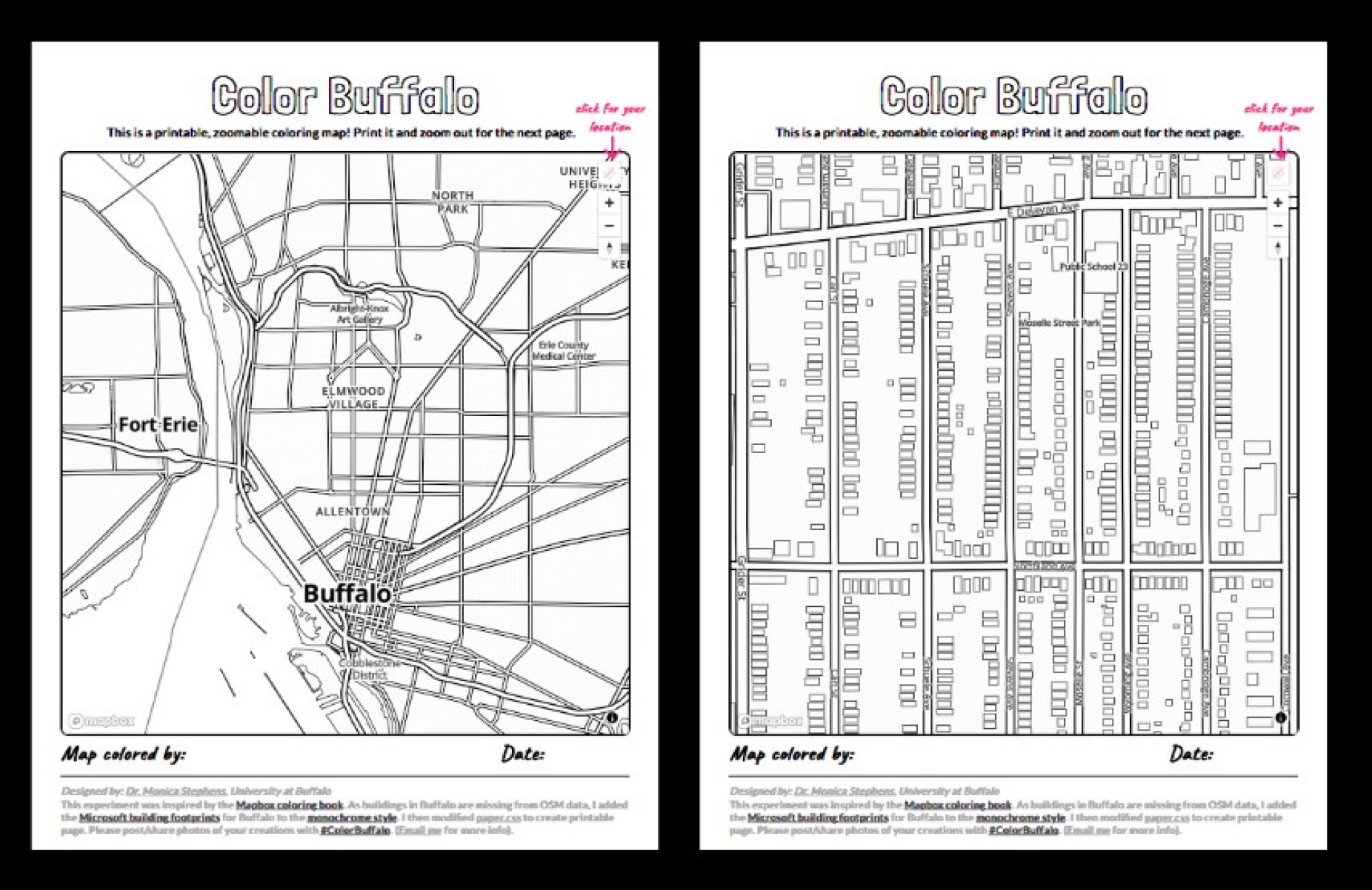 Zoom image: Screenshots of the "Color Buffalo" map created by Monica Stephens, UB assistant professor of geography. Users can zoom in to produce a coloring page of a city block, or zoom out to print pages of the entire region. 