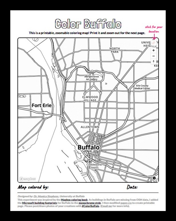 Zoom image: A screenshot of the "Color Buffalo" map created by Monica Stephens, UB assistant professor of geography. Users can zoom in to produce a coloring page of a city block, or zoom out to print pages of the entire region. 