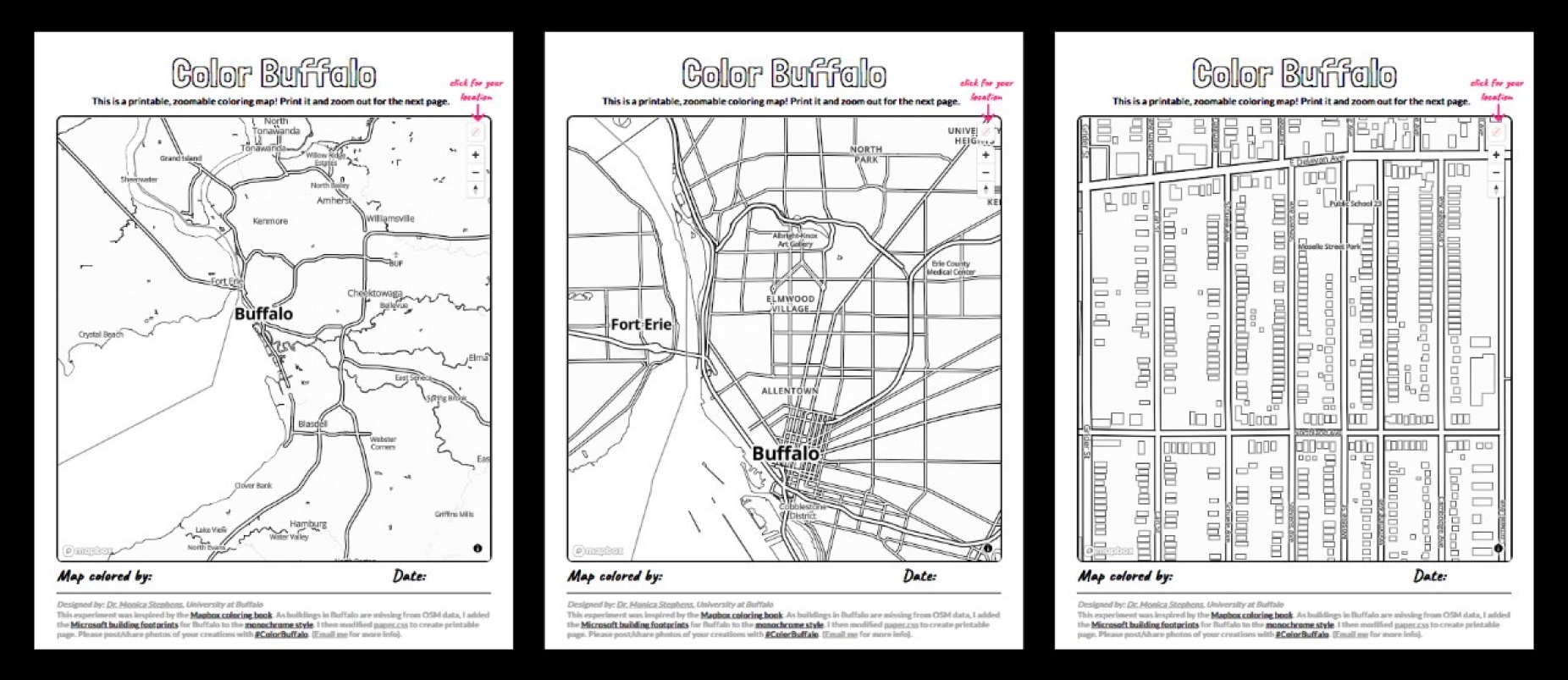 Zoom image: Screenshots of the "Color Buffalo" map created by Monica Stephens, UB assistant professor of geography. Users can zoom in to produce a coloring page of a city block, or zoom out to print pages of the entire region. 