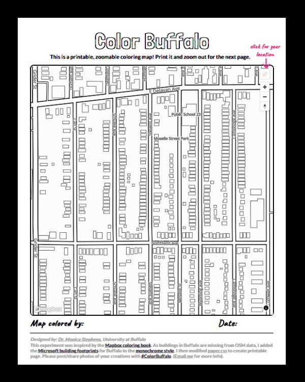Zoom image: A screenshot of the "Color Buffalo" map created by Monica Stephens, UB assistant professor of geography. Users can zoom in to produce a coloring page of a city block, or zoom out to print pages of the entire region. 