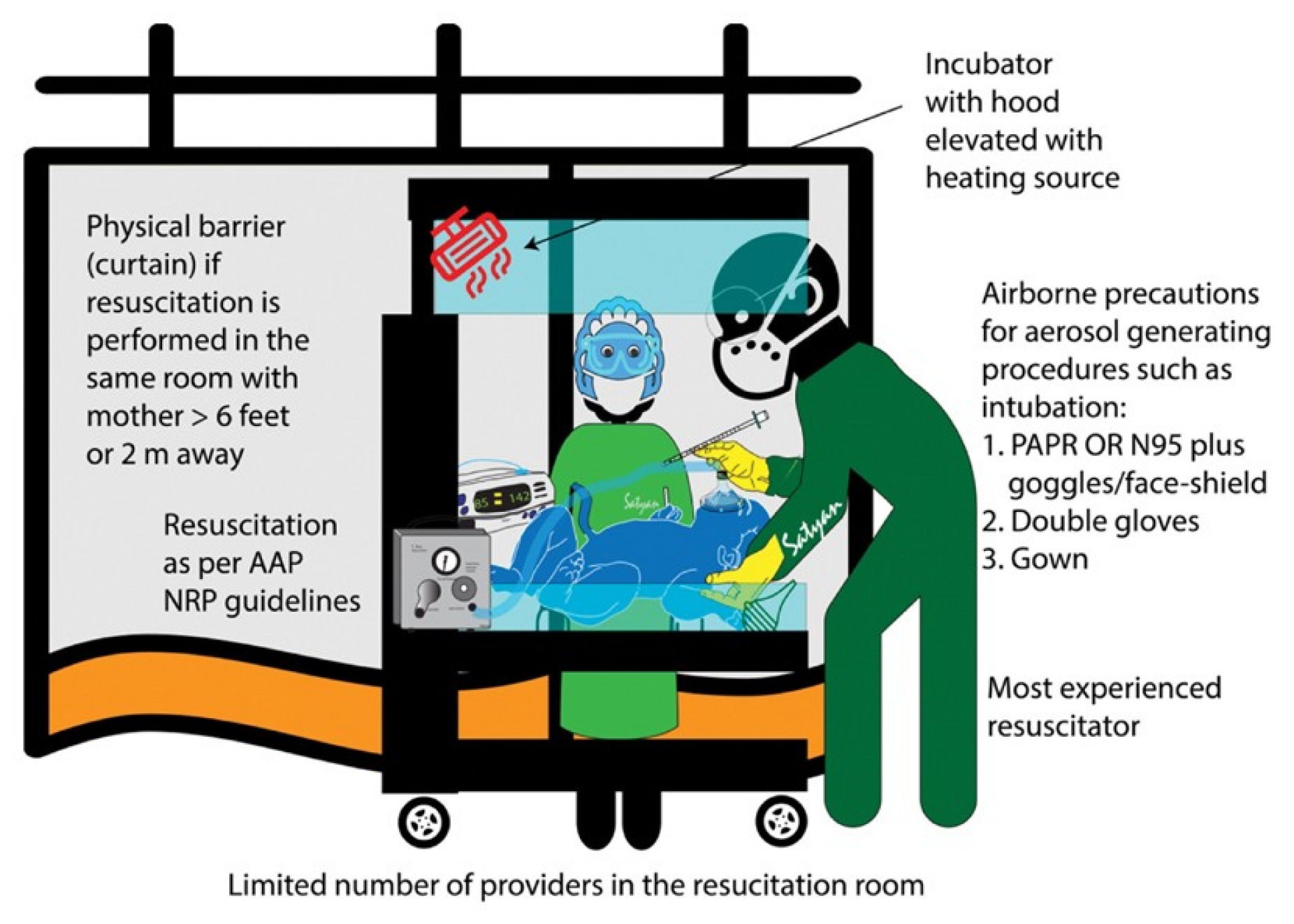 Zoom image: Resuscitation in the delivery room with precautions to minimize risk to the infant. Appropriate PPE and maintaining at least 6-feet or 2-m distance from the mother with a barrier (curtain) in between is important. Alternatively, infant may be resuscitated in a separate room. (AAP: American Academy of Pediatrics; NRP: Neonatal Resuscitation Program; PAPR: powered air-purifying respirator.) Image Courtesy: Satyan Lakshminrusimha 