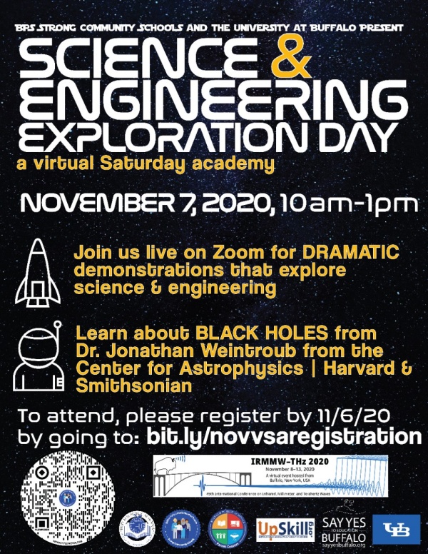 Zoom image: Science & Engineering Exploration Day event poster, featuring the date and time of the event, 10 a.m. to 1 p.m. on Nov. 7, and information saying that there will be "dramatic" science demos via Zoom and a presentation by a black hole expert. Graphics and text are in yellow and white on a black background.